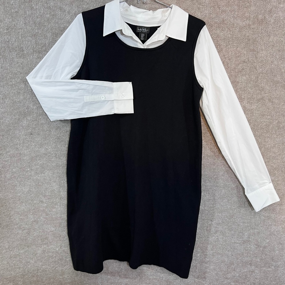 Nicole Miller New York Layered Look Dress Womens Medium Black White Shift Preppy